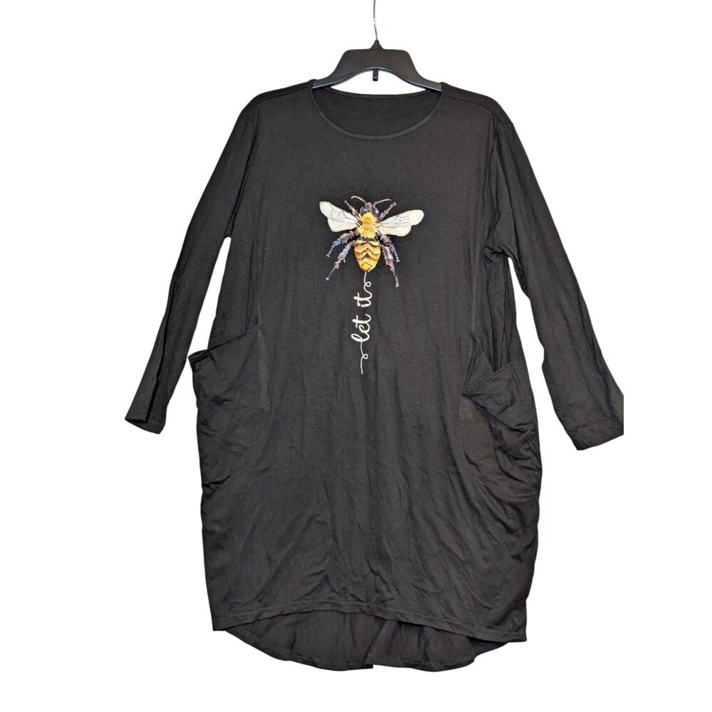 Black Long Sleeve Tunic Dress With Bee "Let It Bee" Graphic Large Size